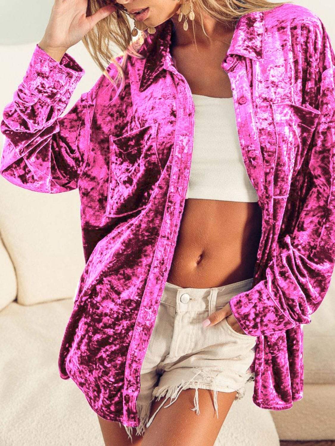 Collared Neck Long Sleeve Velvet Shirt - Trendsi - Flyclothing LLC