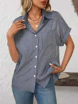 Mandy Pocketed Striped Collared Neck Short Sleeve Shirt - Trendsi - Flyclothing LLC