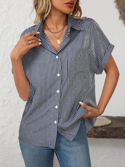 Mandy Pocketed Striped Collared Neck Short Sleeve Shirt - Trendsi - Flyclothing LLC