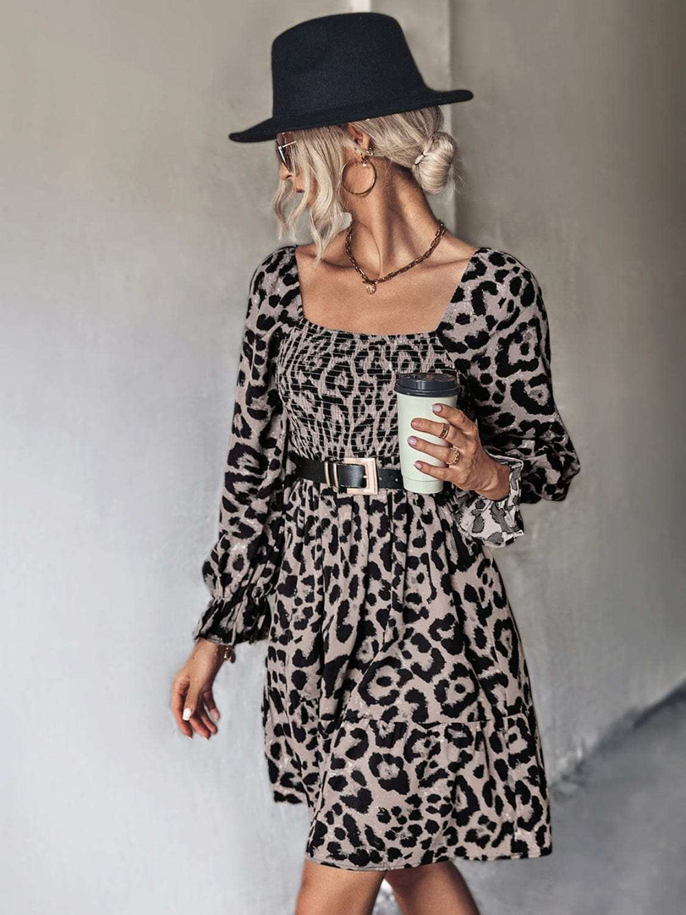 Leopard Smocked Flounce Sleeve Mini Dress - Trendsi - Flyclothing LLC