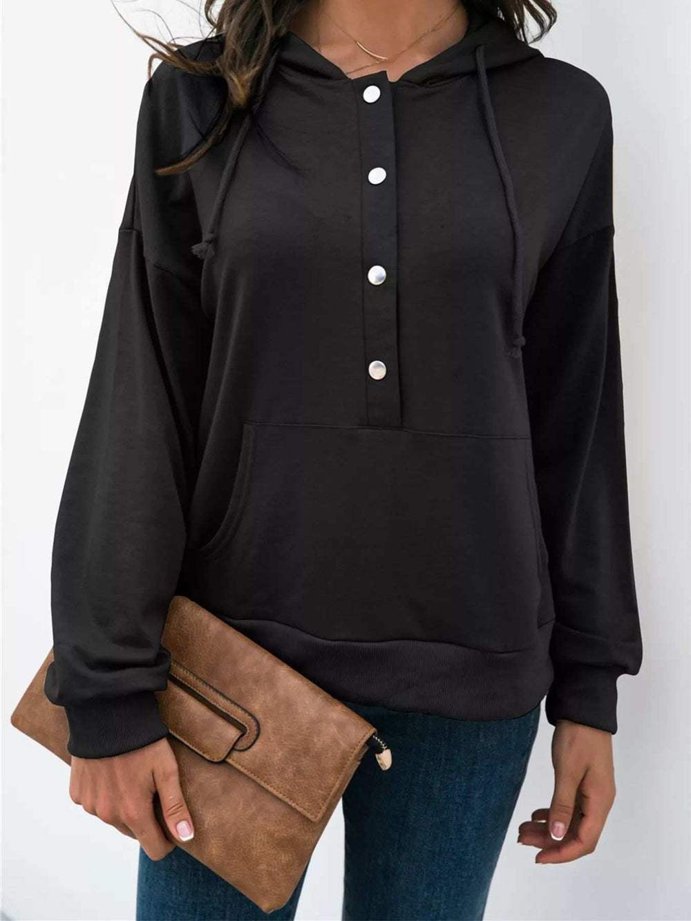 Full Size Snap-Down Hoodie with Kangaroo Pocket Plus Size - Trendsi - Flyclothing LLC