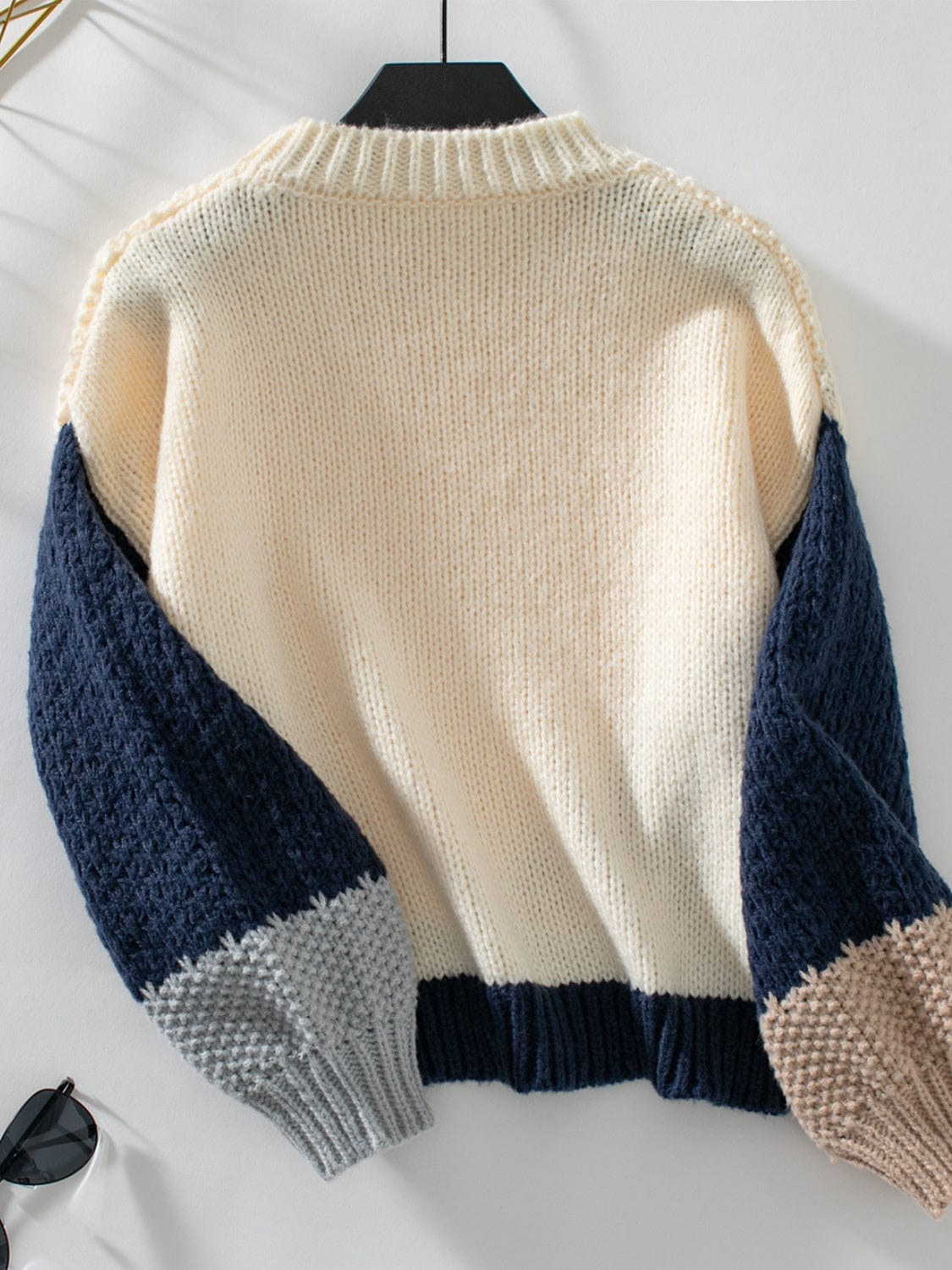 Color Block Round Neck Dropped Shoulder Sweater - Trendsi