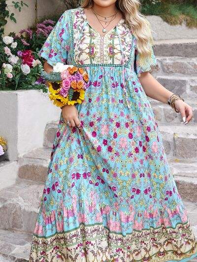 Plus Size Printed Tie Neck Flutter Sleeve Maxi Dress - Trendsi - Flyclothing LLC