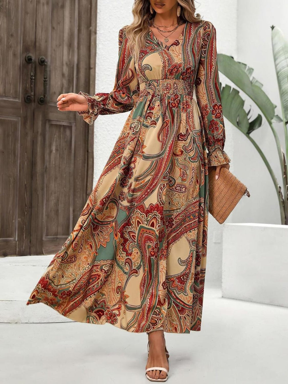 Smocked Printed V-Neck Flounce Sleeve Dress - Trendsi