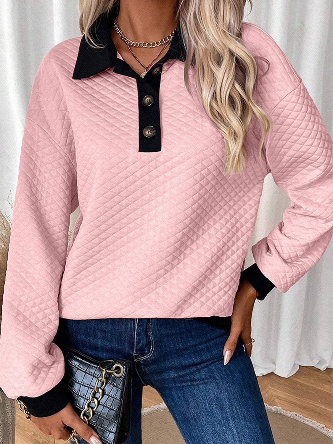 Texture Quarter Button Long Sleeve Sweatshirt - Trendsi - Flyclothing LLC