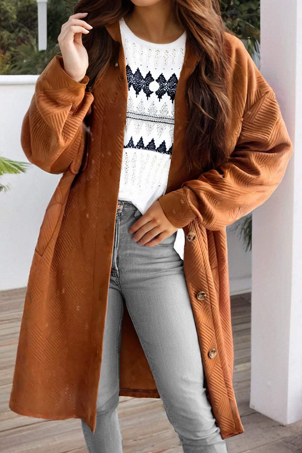 Textured Button Down Collared Neck Coat - Trendsi - Flyclothing LLC