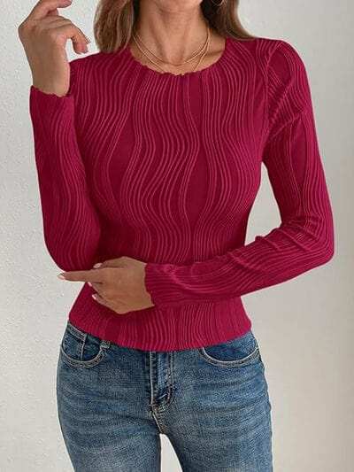 Textured Round Neck Long Sleeve Top - Trendsi - Flyclothing LLC