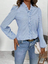 Frill Striped V-Neck Long Sleeve Blouse - Trendsi - Flyclothing LLC