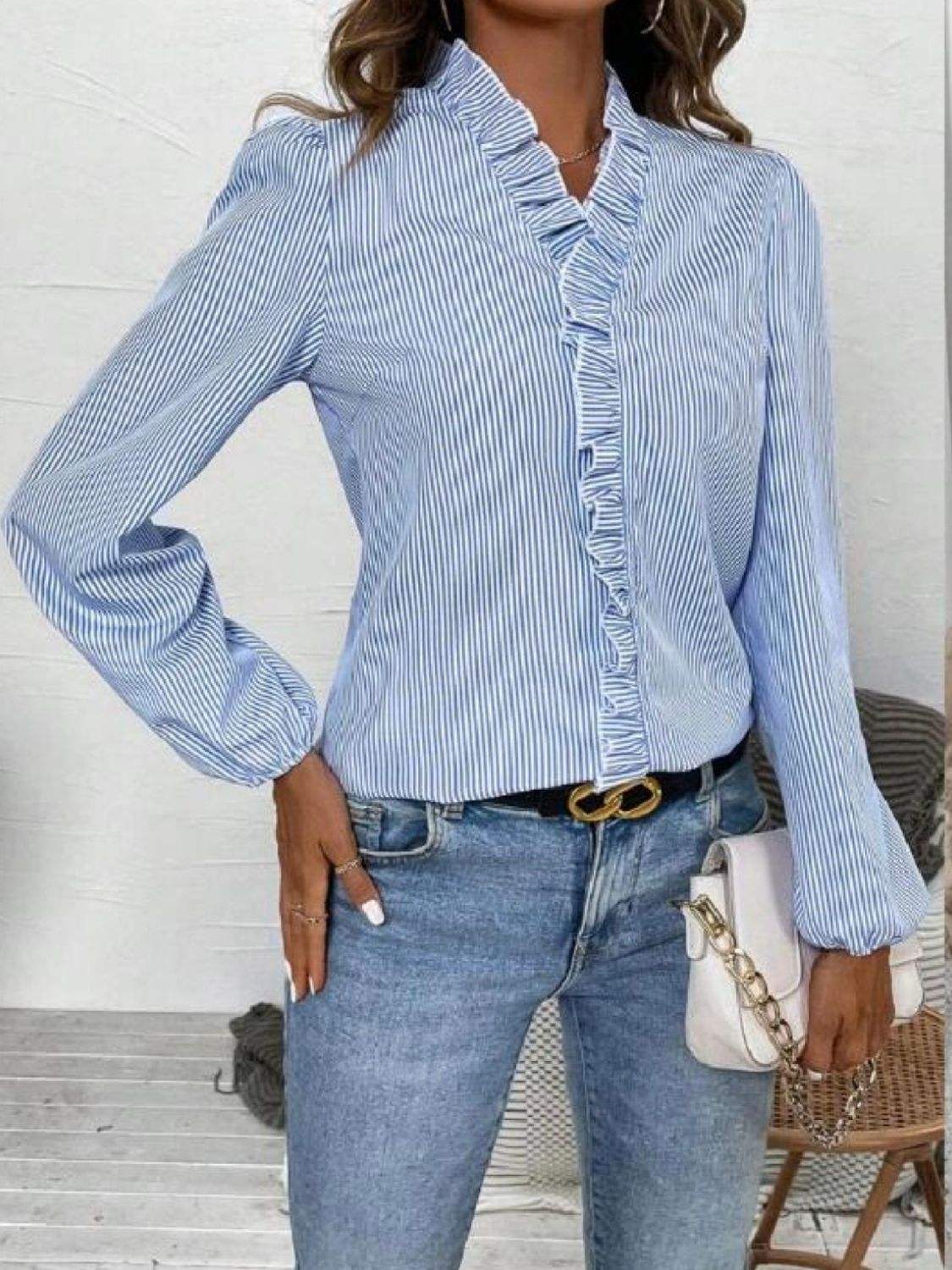 Frill Striped V-Neck Long Sleeve Blouse - Trendsi - Flyclothing LLC