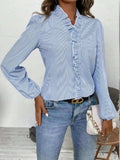 Frill Striped V-Neck Long Sleeve Blouse - Trendsi - Flyclothing LLC