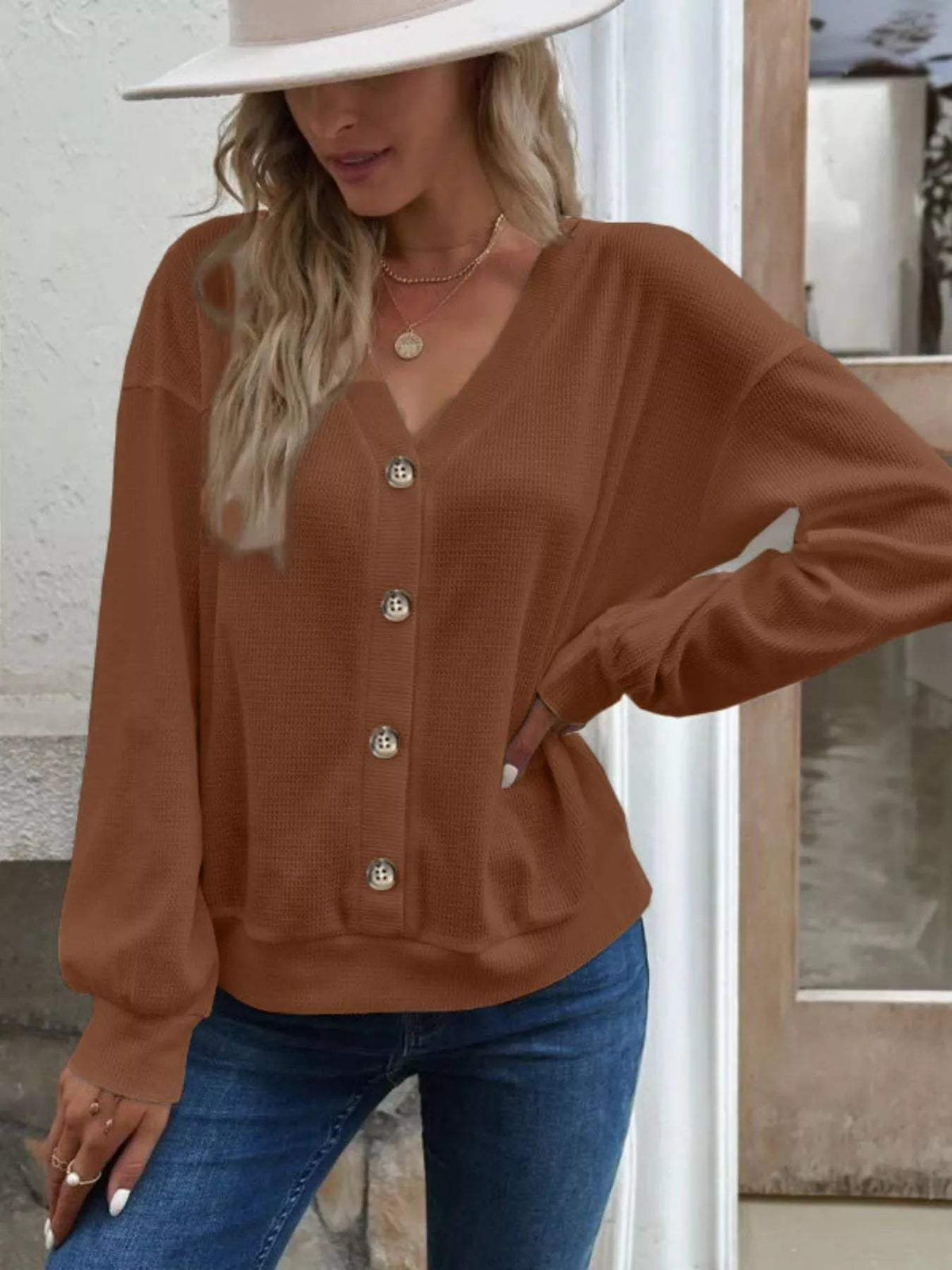 Casual V-Neck Waffle Long Sleeve Top - Trendsi - Flyclothing LLC