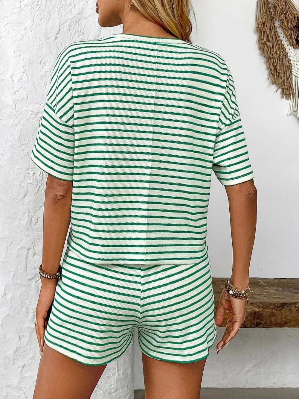 Striped Round Neck Short Sleeve Top and Shorts Set - Trendsi - Flyclothing LLC