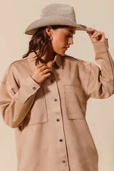 SO ME Faux Sued Snap Shacket with Collar and Pockets - Trendsi - Flyclothing LLC