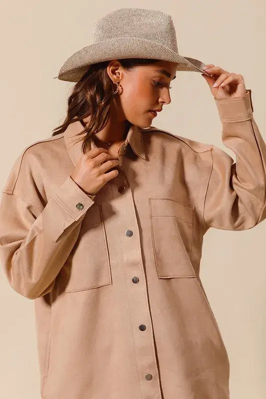 SO ME Faux Sued Snap Shacket with Collar and Pockets - Trendsi - Flyclothing LLC