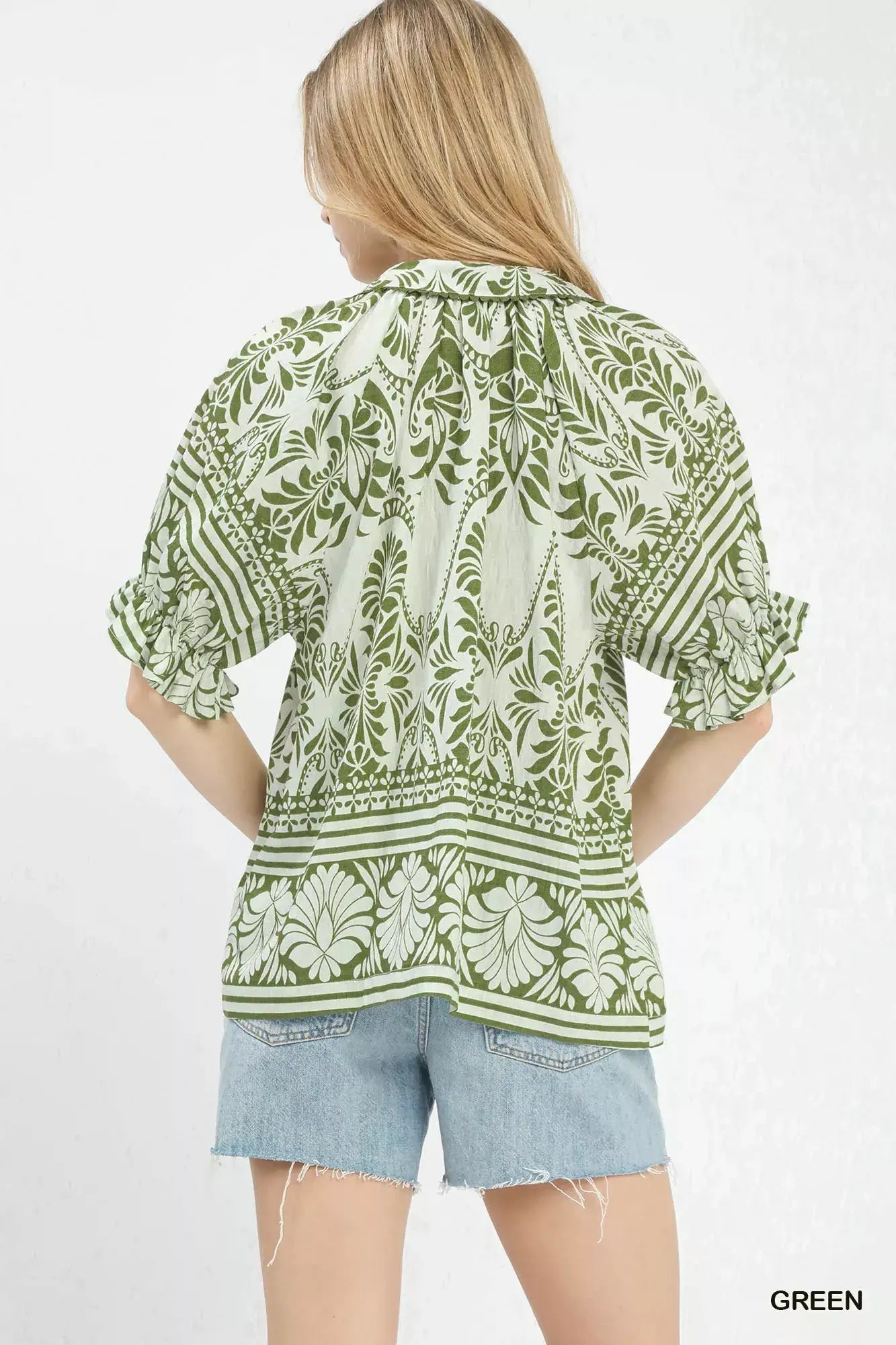 Umgee Two Tone Boarder Print Top - Trendsi - Flyclothing LLC