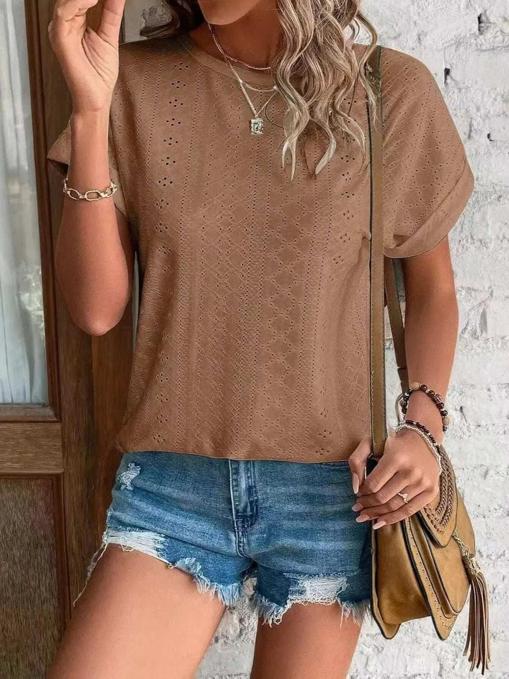 Eyelet Round Neck Short Sleeve Top - Trendsi - Flyclothing LLC