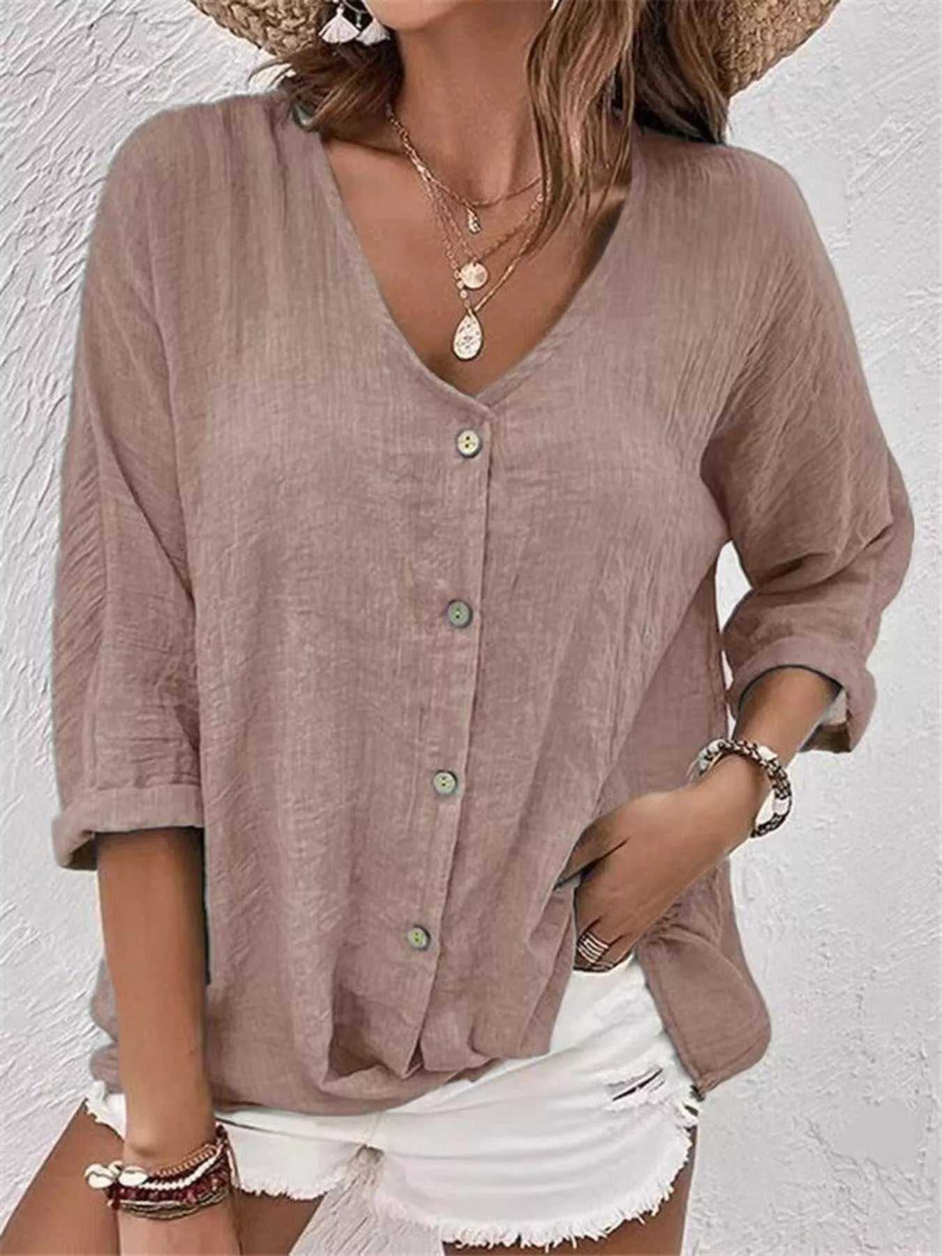 Full Size Casual V-Neck Button-Down Blouse Plus Size - Trendsi - Flyclothing LLC