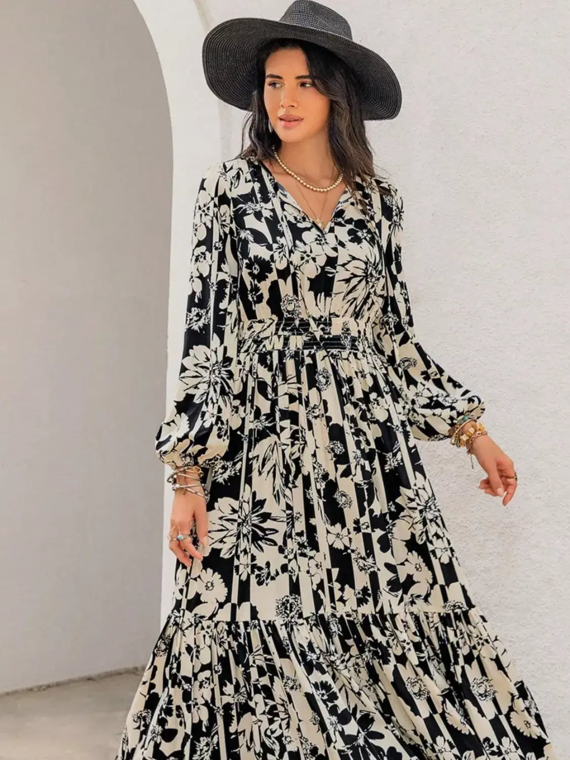 Plus Size Floral Print Balloon Sleeve Maxi Dress - Trendsi - Flyclothing LLC