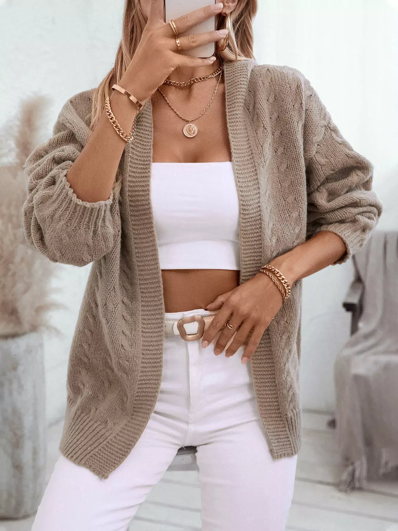 Cable Knit Open Front Hooded Cardigan - Trendsi - Flyclothing LLC