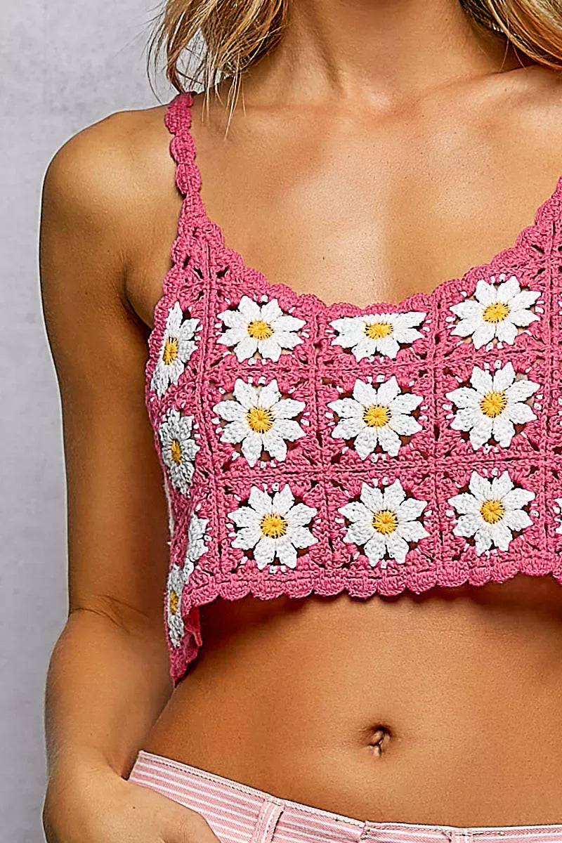 POL Floral Pattern Crochet Cropped Cami with Scalloped Edge - Trendsi - Flyclothing LLC