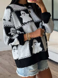 Halloween Ghost Checkered Drop Shoulder Sweater - Trendsi - Flyclothing LLC