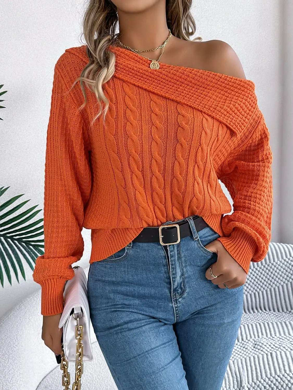 Cable-Knit One Shoulder Long Sleeve Sweater - Trendsi - Flyclothing LLC