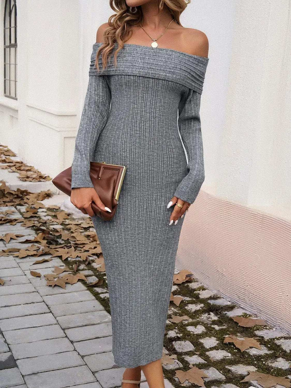 Devine Off-Shoulder Long Sleeve Wrap Dress - Trendsi - Flyclothing LLC