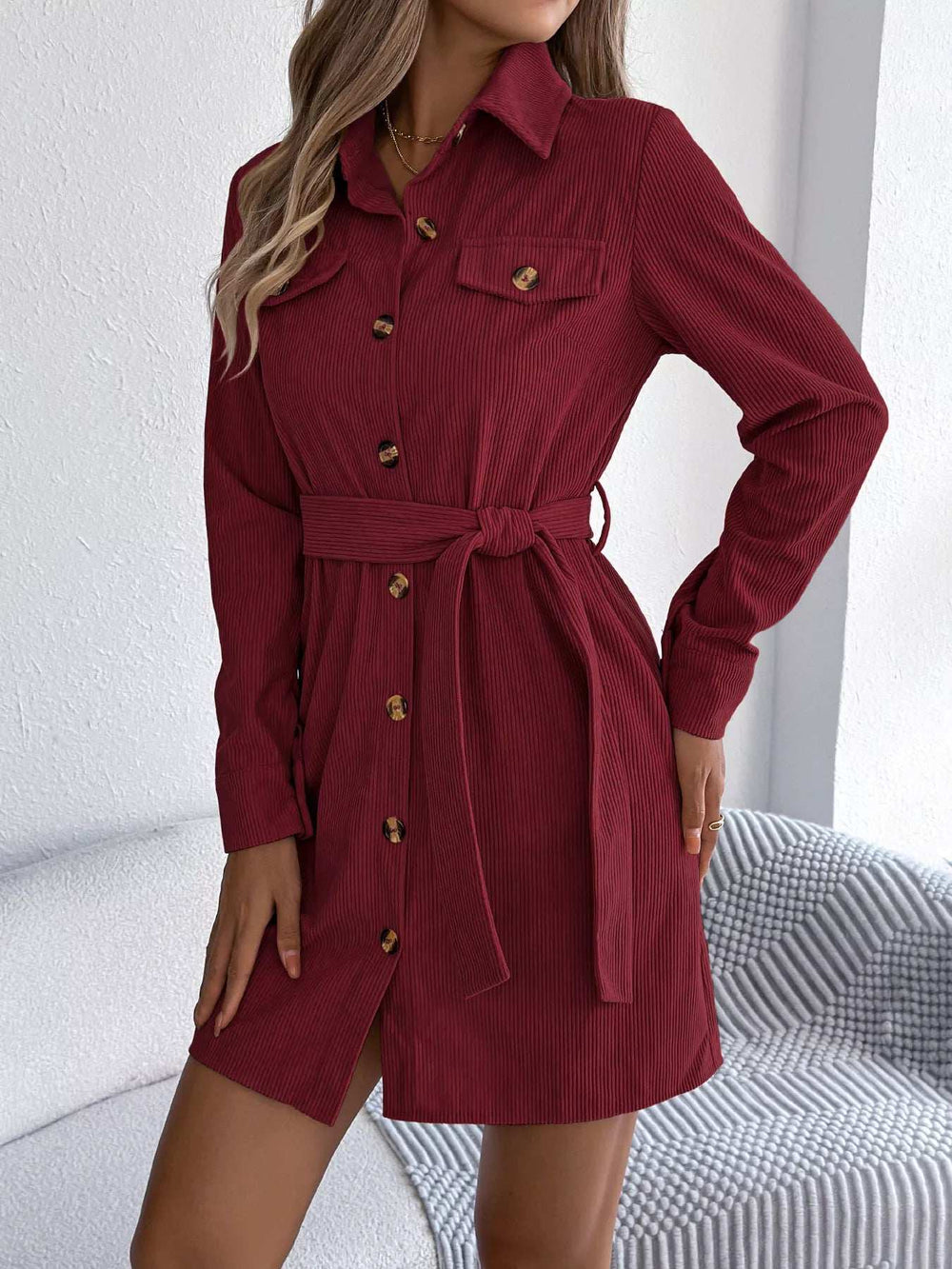 Button-Front Corduroy Shirt Dress - Trendsi - Flyclothing LLC