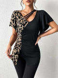 Ruched Leopard Flutter Sleeve T-Shirt - Trendsi - Flyclothing LLC
