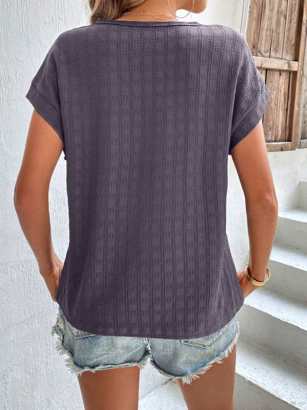 Textured Round Neck Short Sleeve Top - Trendsi - Flyclothing LLC