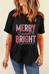 MERRY AND BRIGHT Round Neck Short Sleeve T-Shirt - Trendsi - Flyclothing LLC