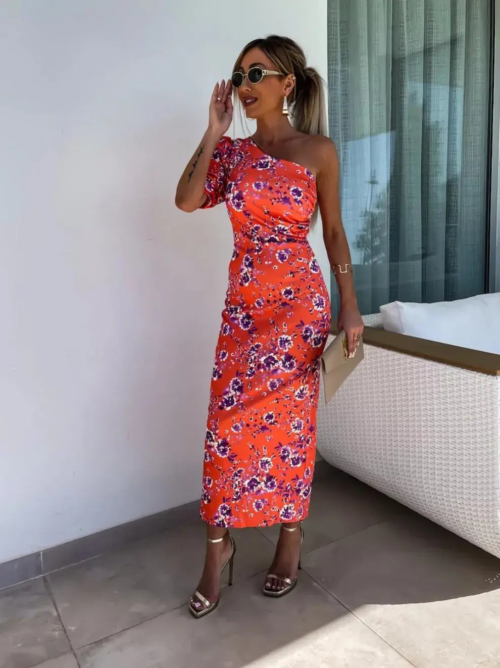 Slit Printed Single Shoulder Midi Dress - Trendsi - Flyclothing LLC