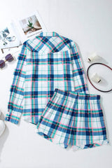 Plaid Snap Down Long Sleeve Top and Shorts Lounge Set - Trendsi - Flyclothing LLC