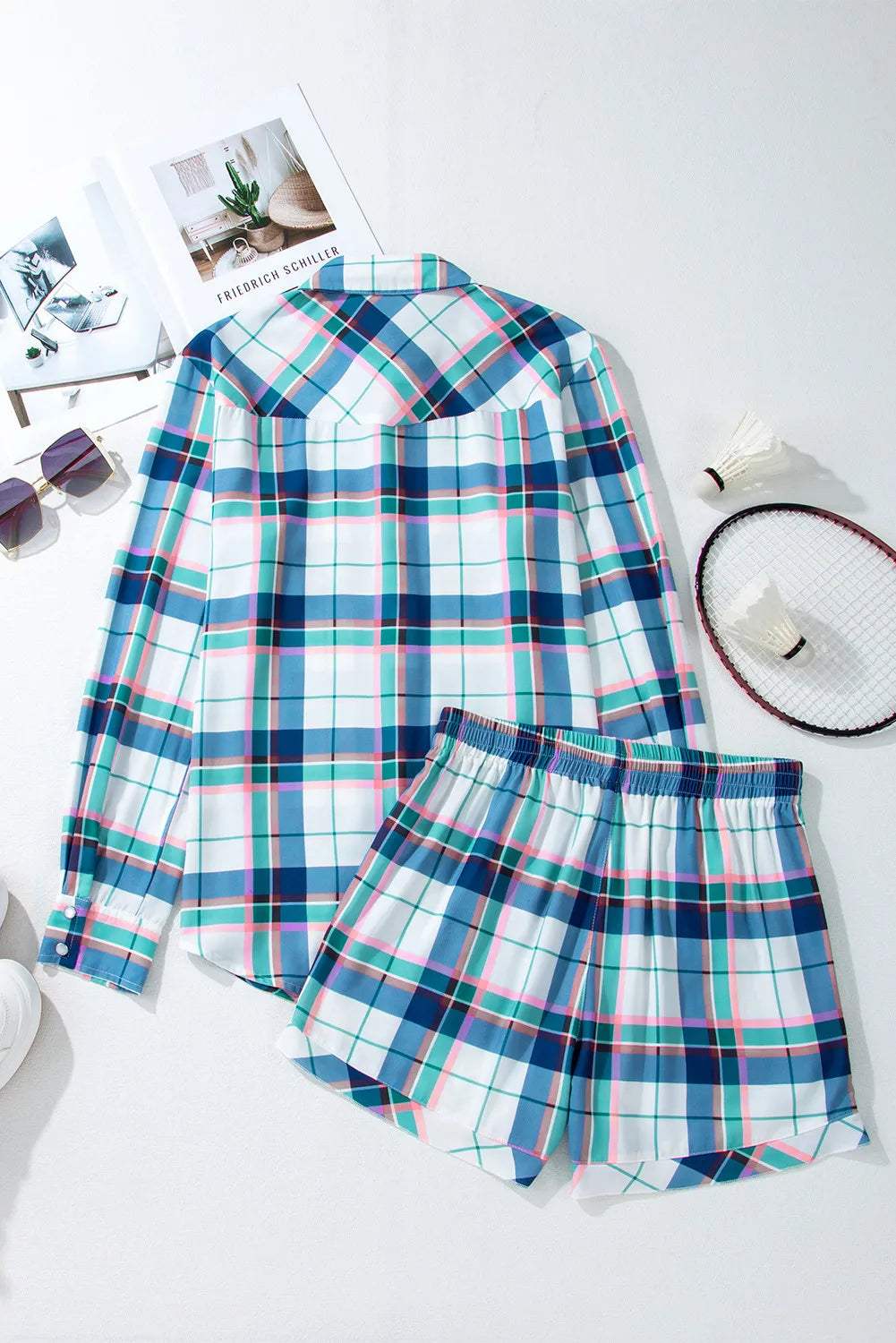 Plaid Snap Down Long Sleeve Top and Shorts Lounge Set - Trendsi - Flyclothing LLC