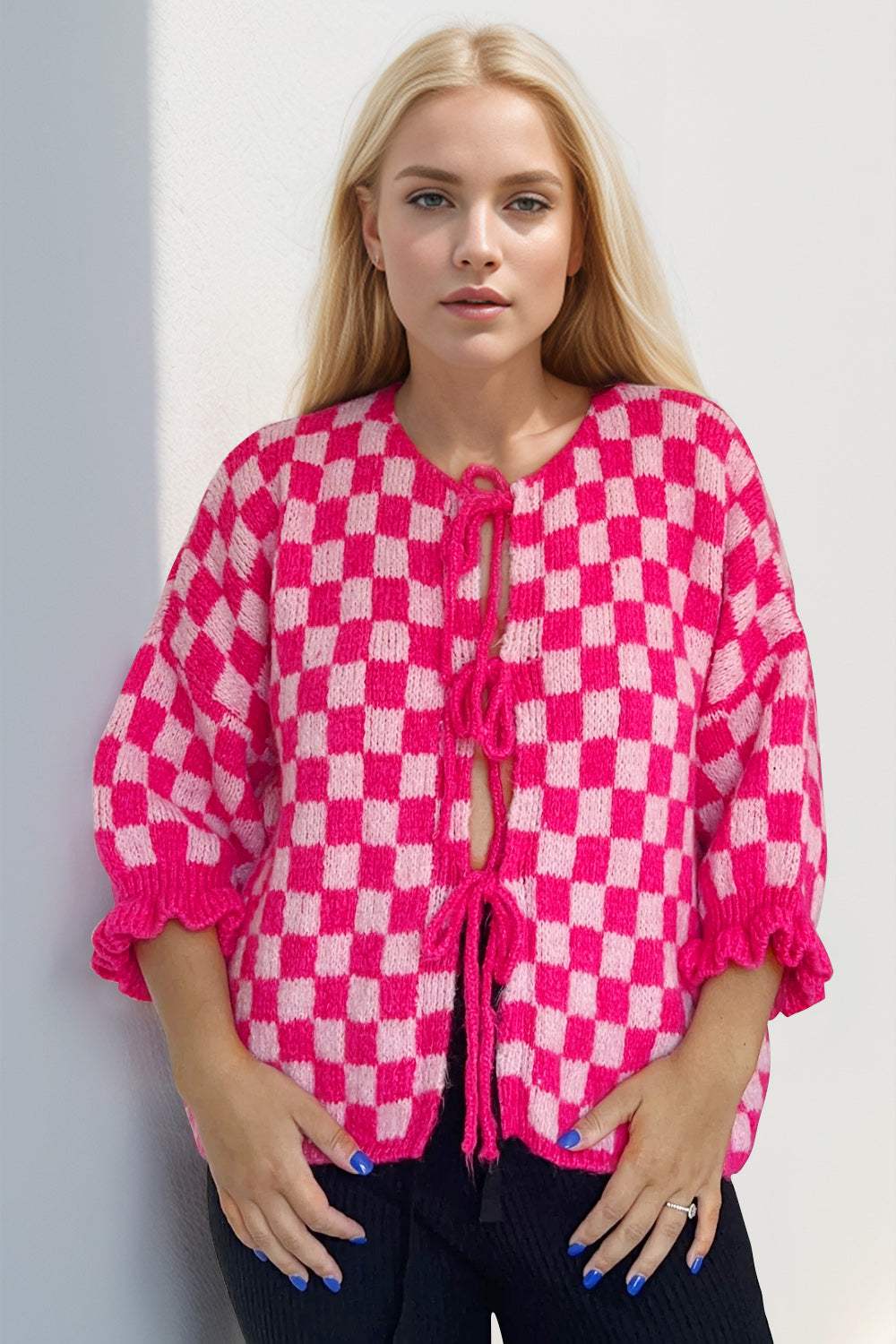 Double Take Tied Checkered Dropped Shoulder Flounce Sleeve Cardigan - Trendsi - Flyclothing LLC