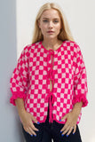 Double Take Tied Checkered Dropped Shoulder Flounce Sleeve Cardigan - Trendsi