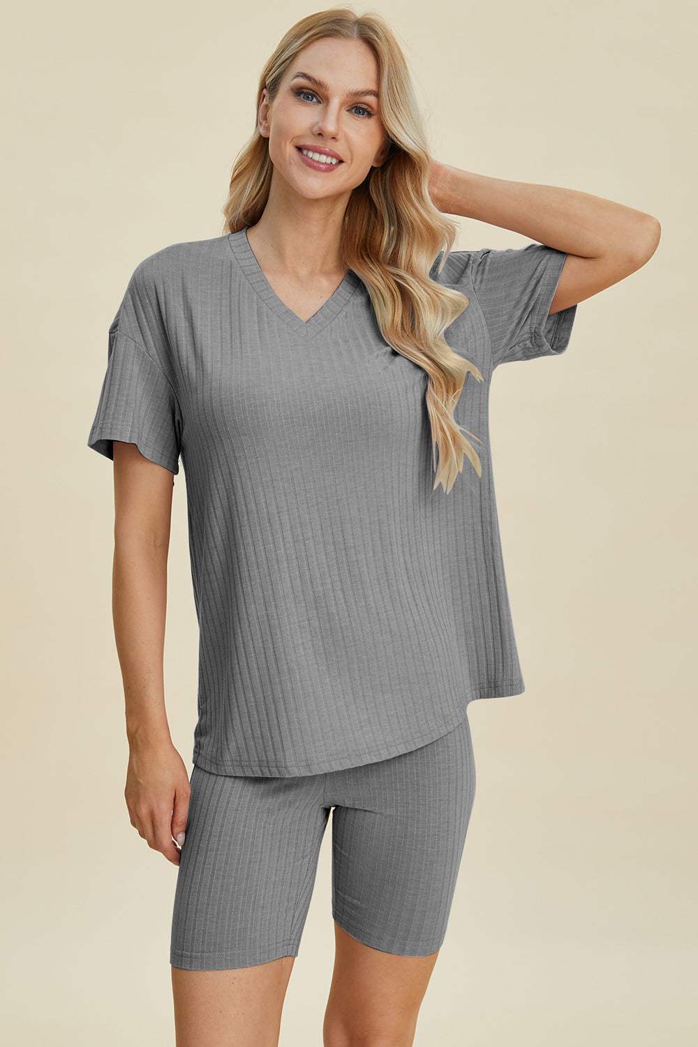 Basic Bae Full Size Ribbed V-Neck Short Sleeve Top and Shorts Set - Trendsi - Flyclothing LLC