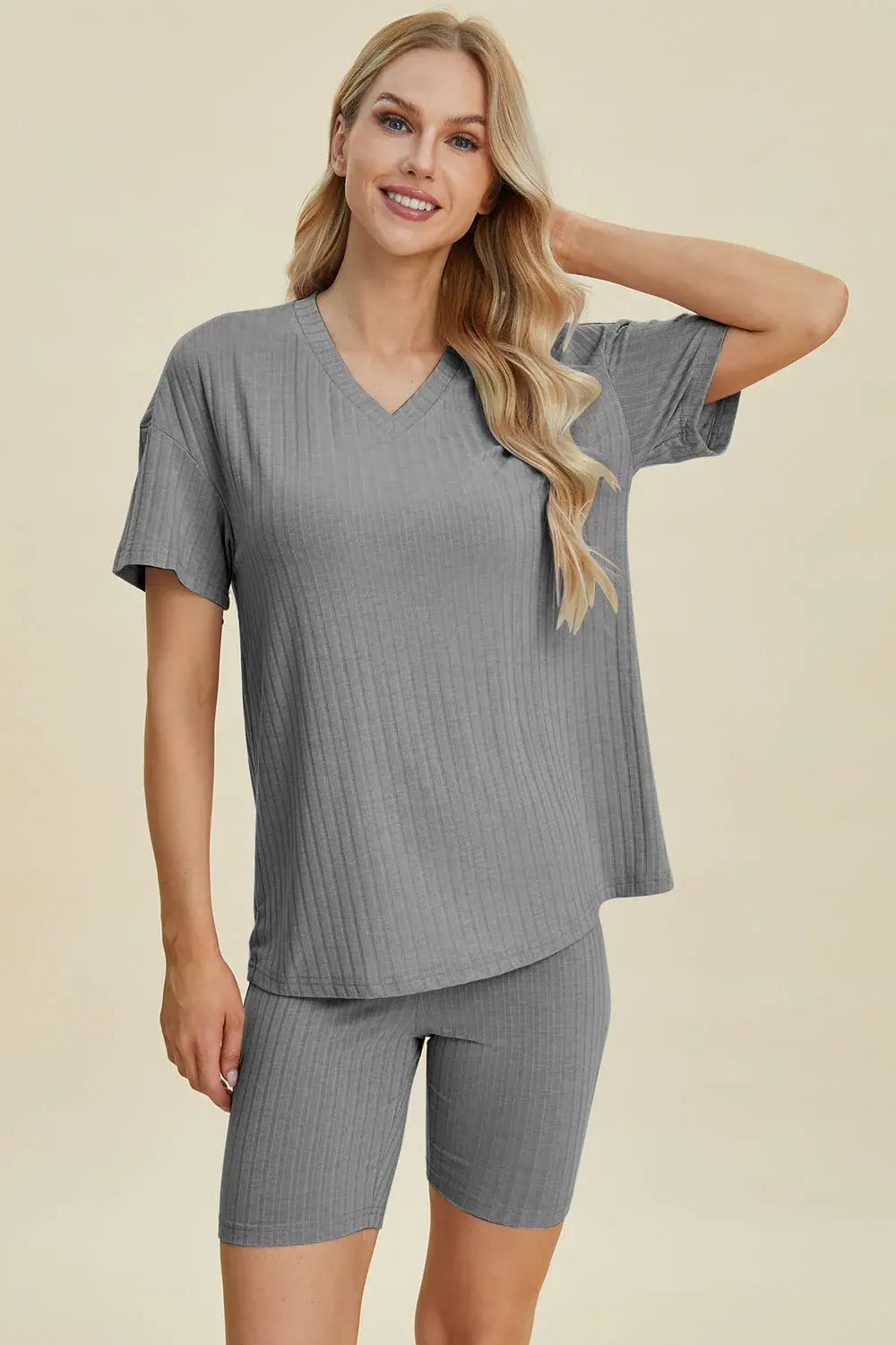 Basic Bae Full Size Ribbed V-Neck Short Sleeve Top and Shorts Set - ShopBasicbae - Flyclothing LLC