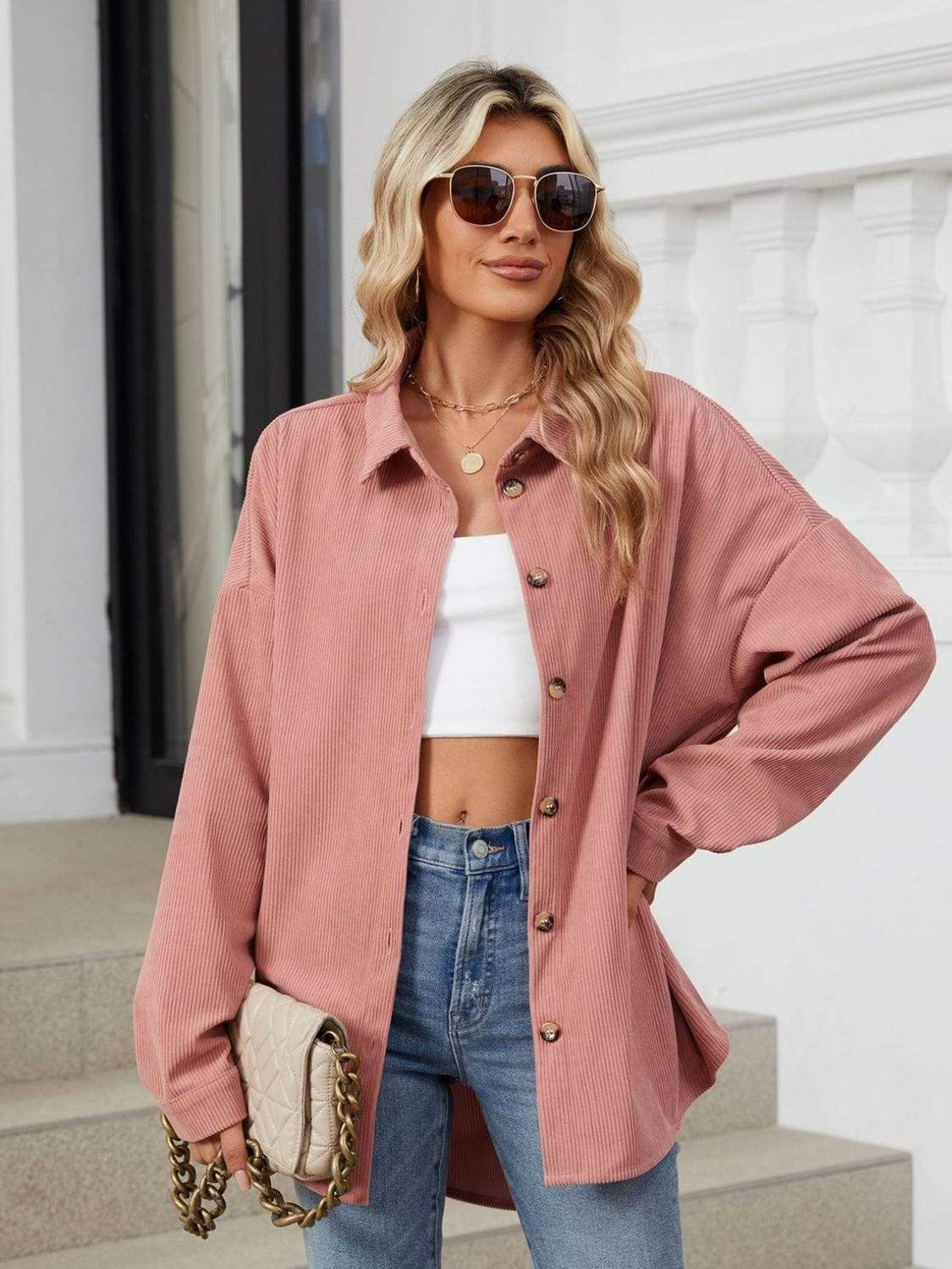 Collared Neck Long Sleeve Dropped Shoulder Shirt - Trendsi - Flyclothing LLC