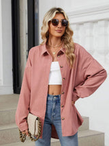 Collared Neck Long Sleeve Dropped Shoulder Shirt - Trendsi - Flyclothing LLC