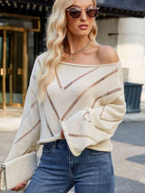 Openwork Boat Neck Long Sleeve Sweater - Trendsi - Flyclothing LLC