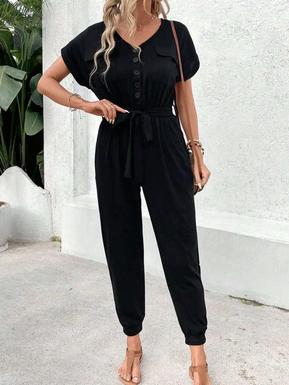 V-Neck Short Sleeve Jumpsuit - Trendsi - Flyclothing LLC