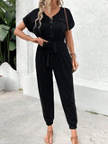 V-Neck Short Sleeve Jumpsuit - Trendsi