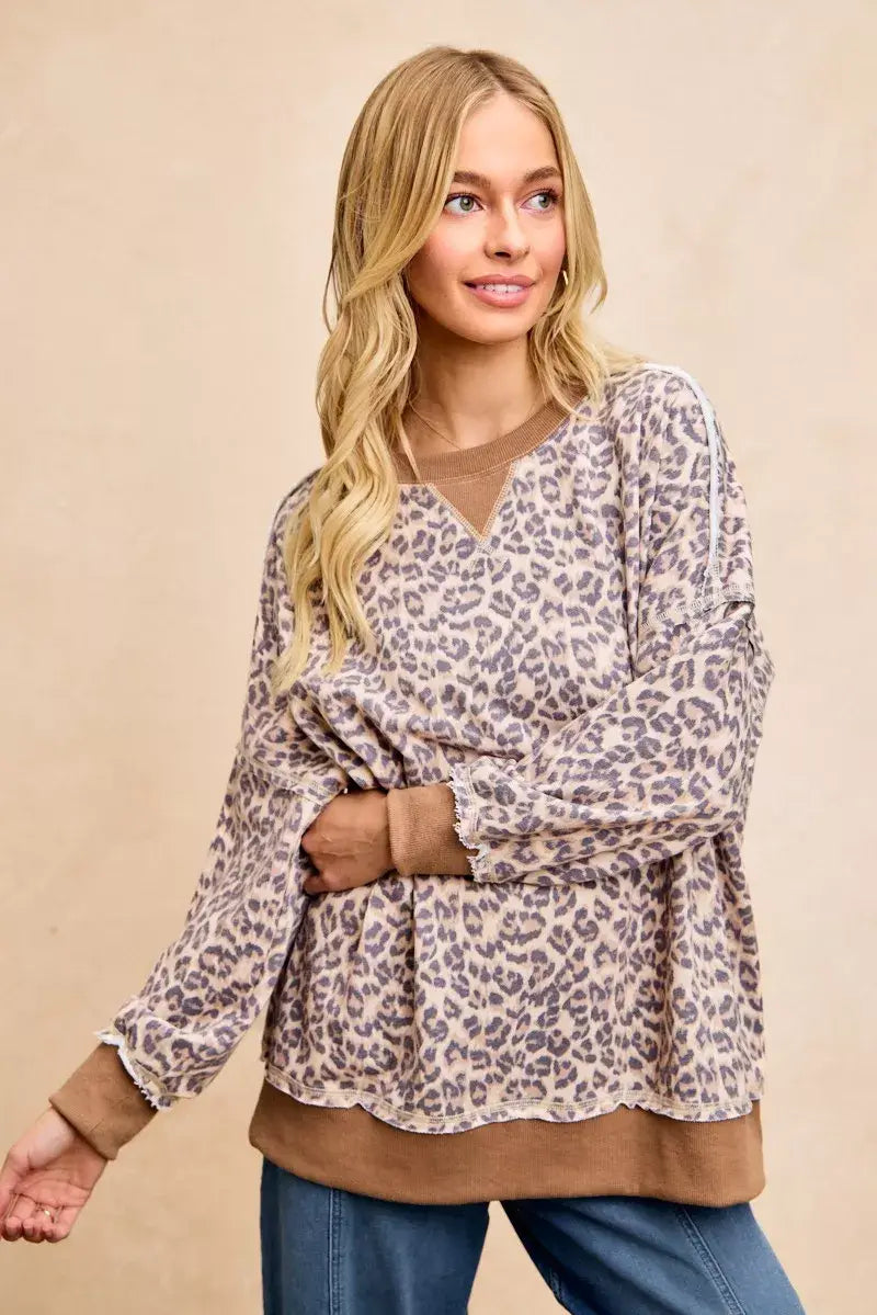 BiBi Leopard Printed French Terry Sweatshirt - Trendsi - Flyclothing LLC