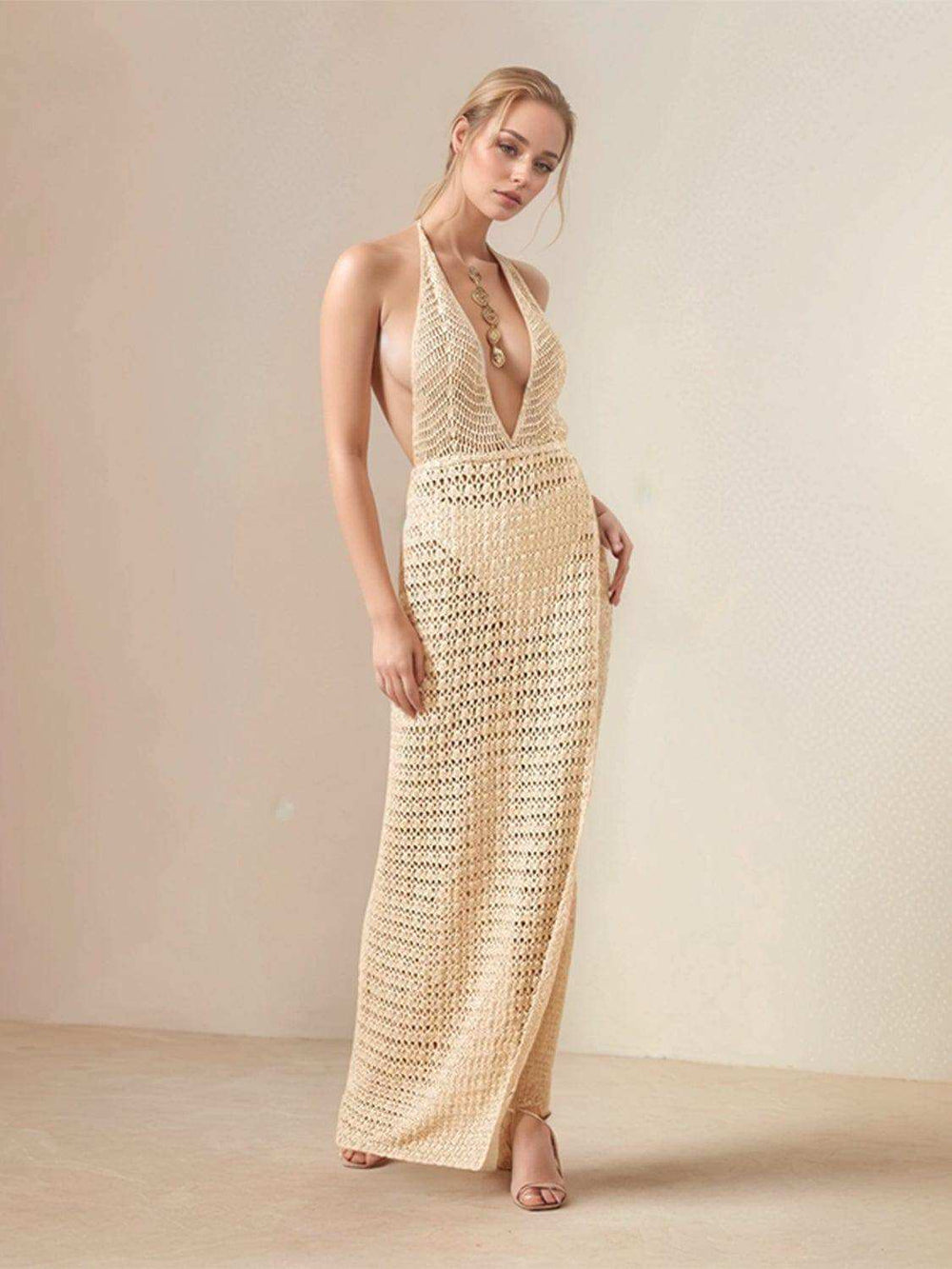 Hollow Out Halter Neck Cover-Up Dress - Trendsi - Flyclothing LLC