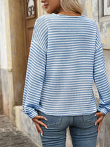 Striped Button Detail Long Sleeve T-Shirt - Trendsi - Flyclothing LLC