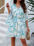Ruffled Printed Surplice Half Sleeve Mini Dress - Trendsi - Flyclothing LLC