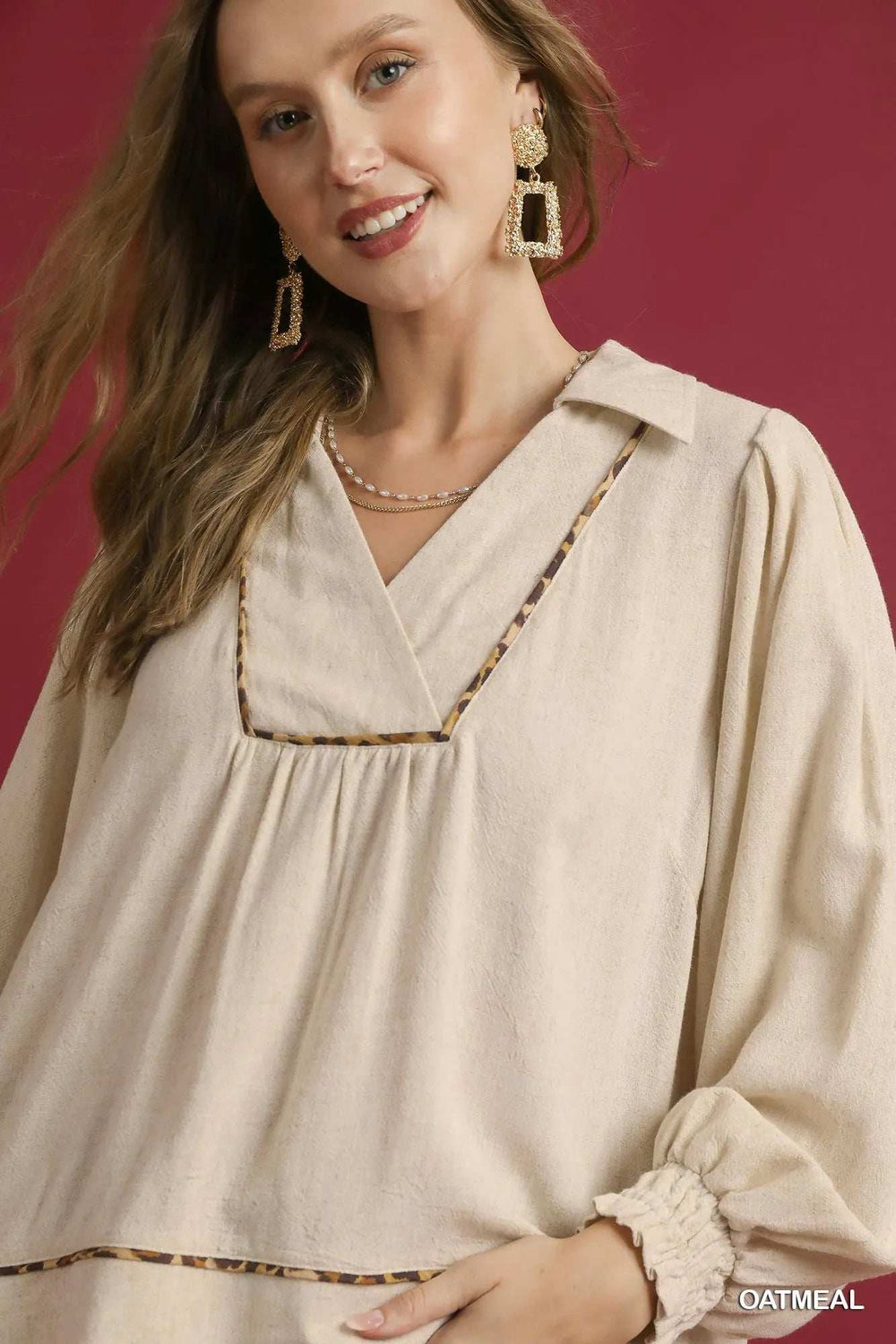 Umgee Full Size Linen Scallop Hem Blouse with Contrast Trim Plus Size - Trendsi - Flyclothing LLC