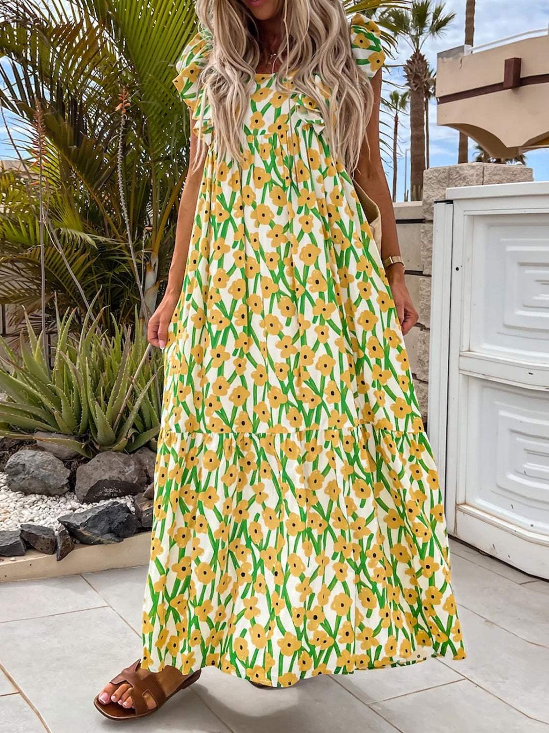 Ruffled Printed Cap Sleeve Midi Dress - Trendsi - Flyclothing LLC