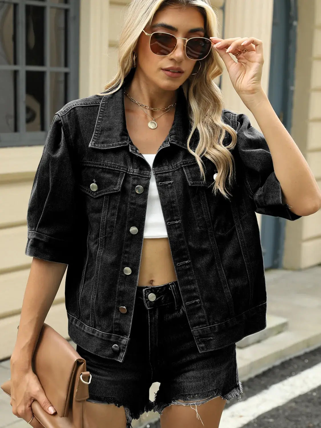 Button Down Washed Denim Jacket - Trendsi - Flyclothing LLC
